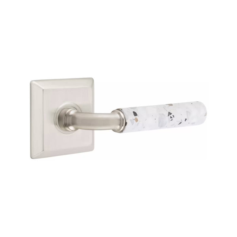 Emtek Select R-Bar Terrazzo Lever with Quincy Rosette in Satin Nickel finish