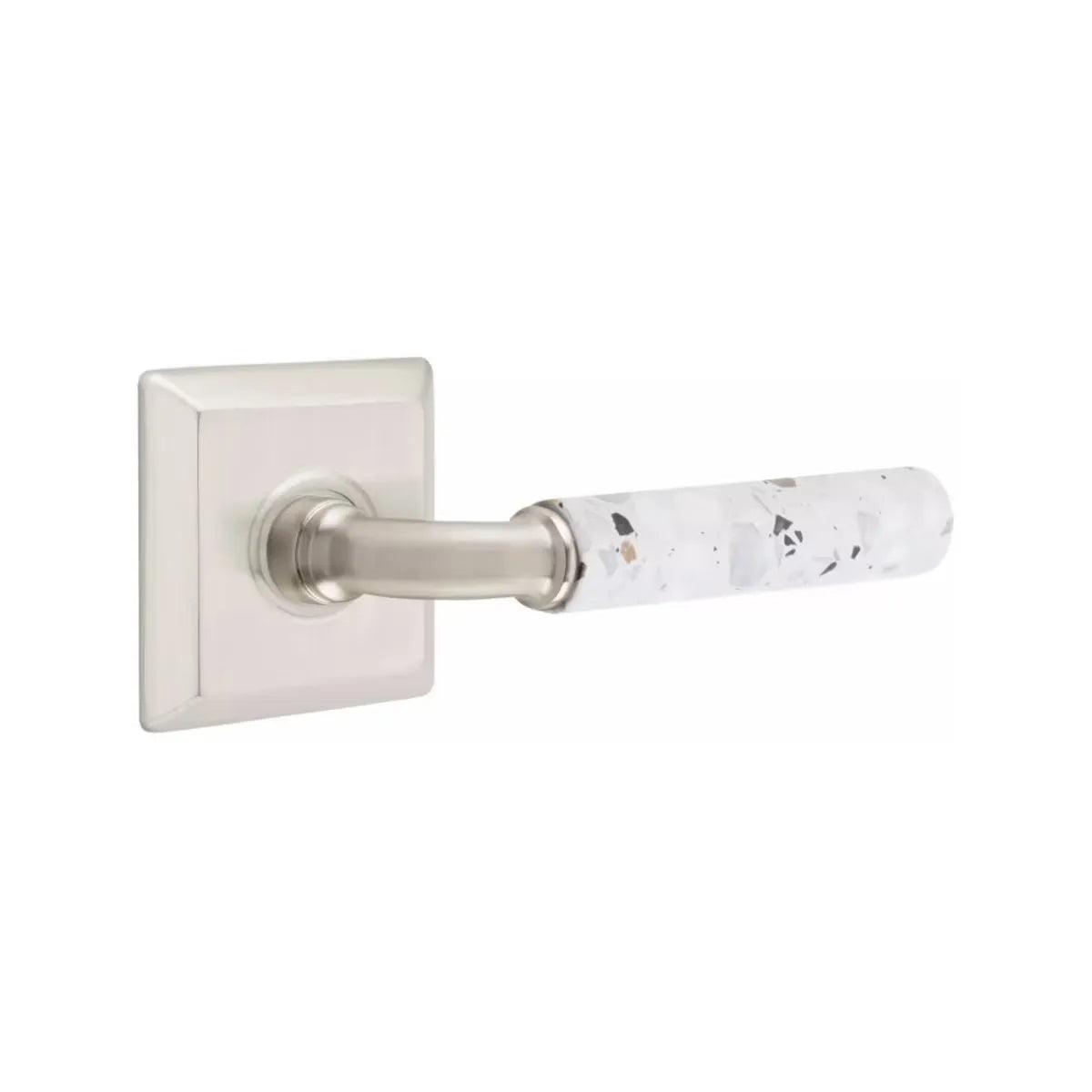 Emtek Select R-Bar Terrazzo Lever with Quincy Rosette in Satin Nickel finish