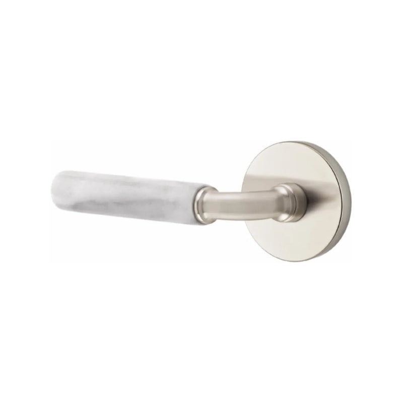 Emtek Select R-Bar White Marble Lever with Disk Rosette in Satin Nickel finish