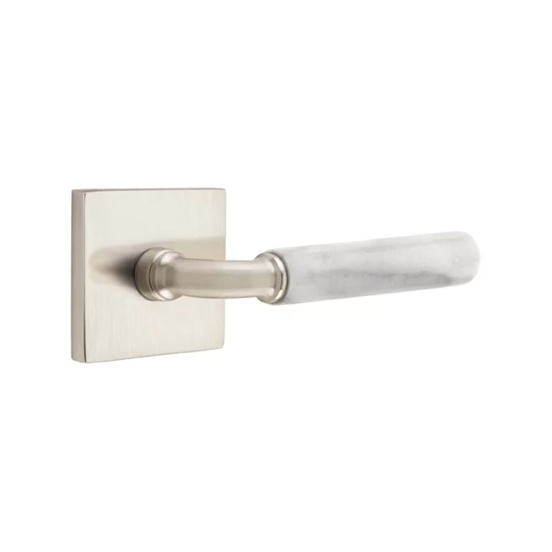 The Emtek Select R-Bar White Marble Lever with Square Rosette in Satin Nickel finish.