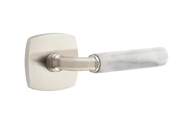 The Emtek Select R-Bar White Marble Lever with Urban Modern Rosette in Satin Nickel finish.