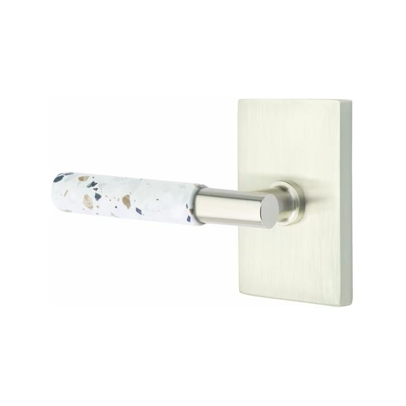 Emtek Select T-Bar Terrazzo Lever with Modern Rectangular Rosette in Satin Nickel finish