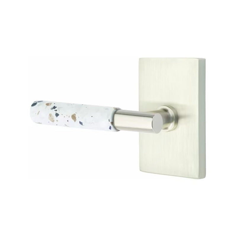 Emtek Select T-Bar Terrazzo Lever with Modern Rectangular Rosette in Satin Nickel finish