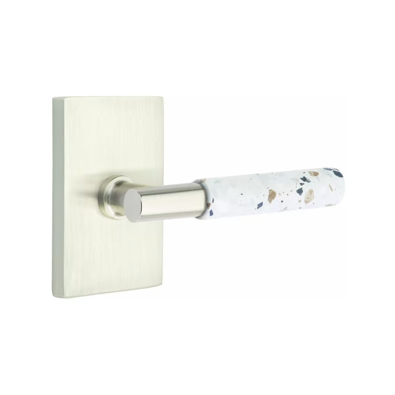 Emtek Select T-Bar Terrazzo Lever with Modern Rectangular Rosette in Satin Nickel finish