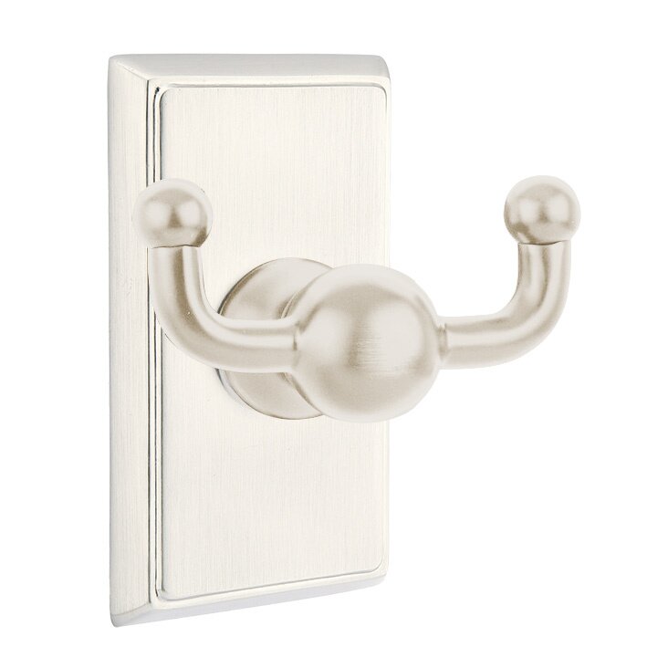 Emtek Traditional Brass Double Robe Hook With Rectangular Rosette in Satin Nickel finish