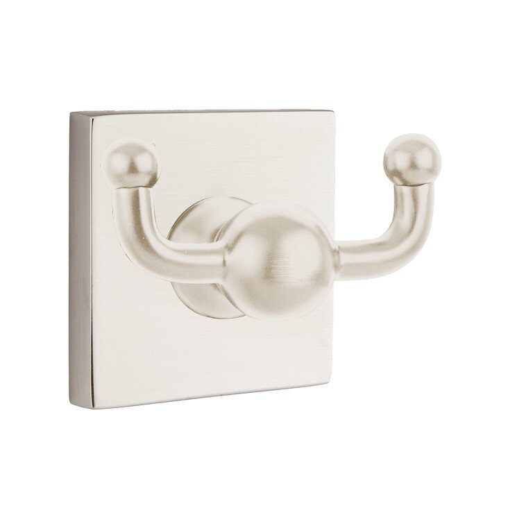 Emtek Traditional Brass Double Robe Hook With Square Rosette in Satin Nickel finish