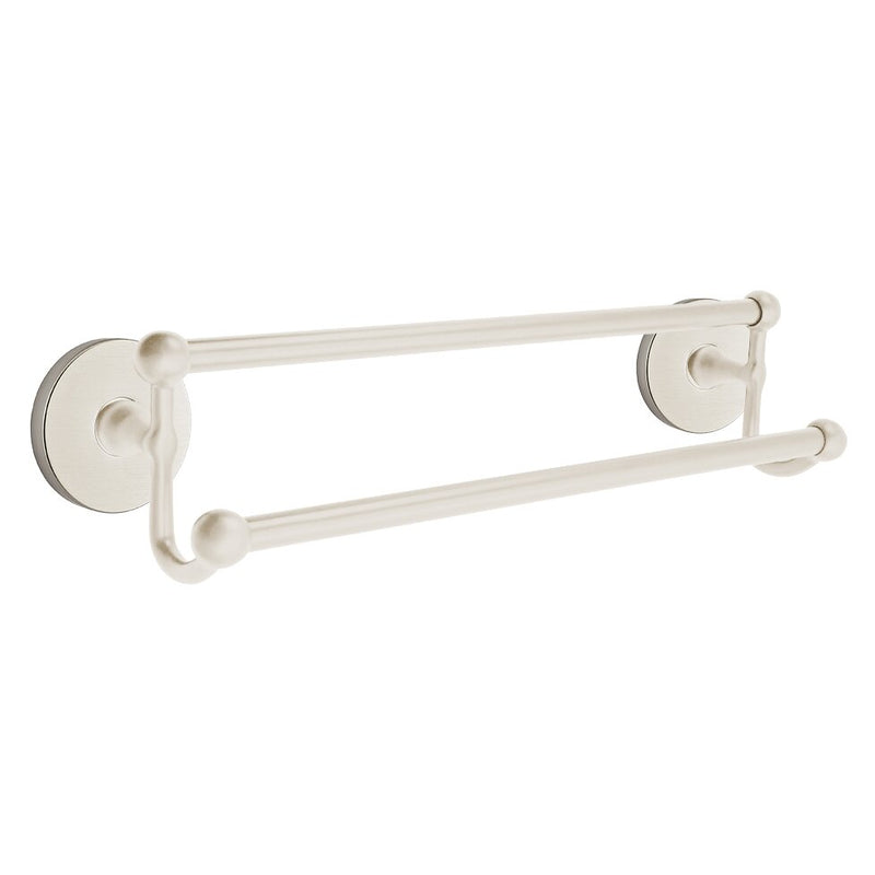 The Emtek Traditional Brass Double Towel Bar with Small Disc Rosette in Satin Nickel finish.