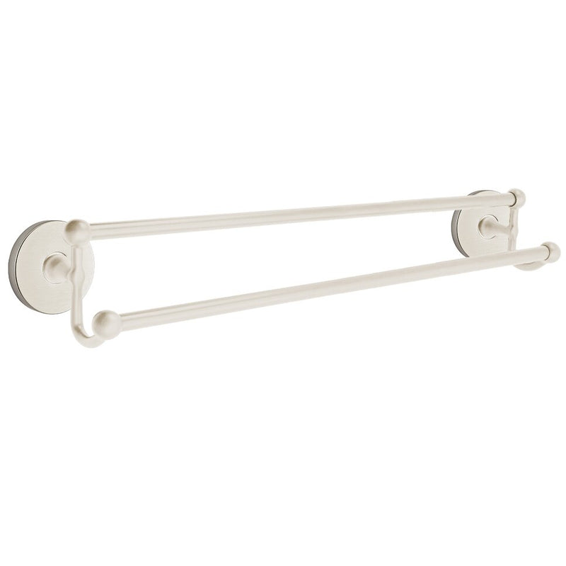 The Emtek Traditional Brass Double Towel Bar with Small Disc Rosette in Satin Nickel finish.