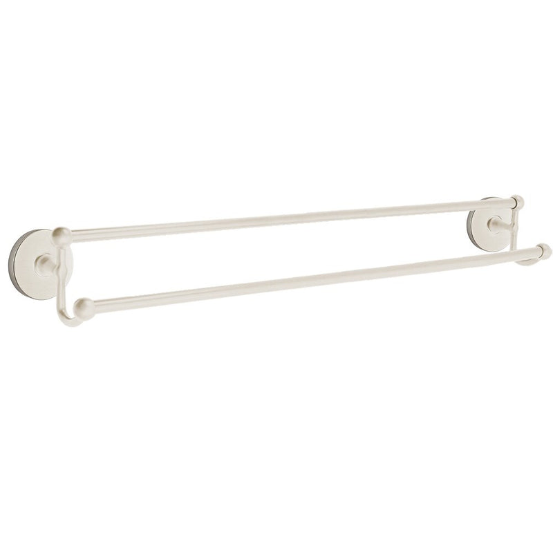 The Emtek Traditional Brass Double Towel Bar with Small Disc Rosette in Satin Nickel finish.