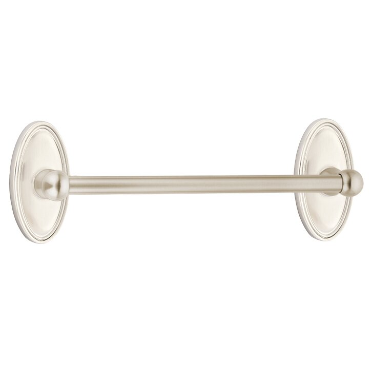 The Emtek Traditional Brass Towel Bar with Oval Rosette in Satin Nickel finish.