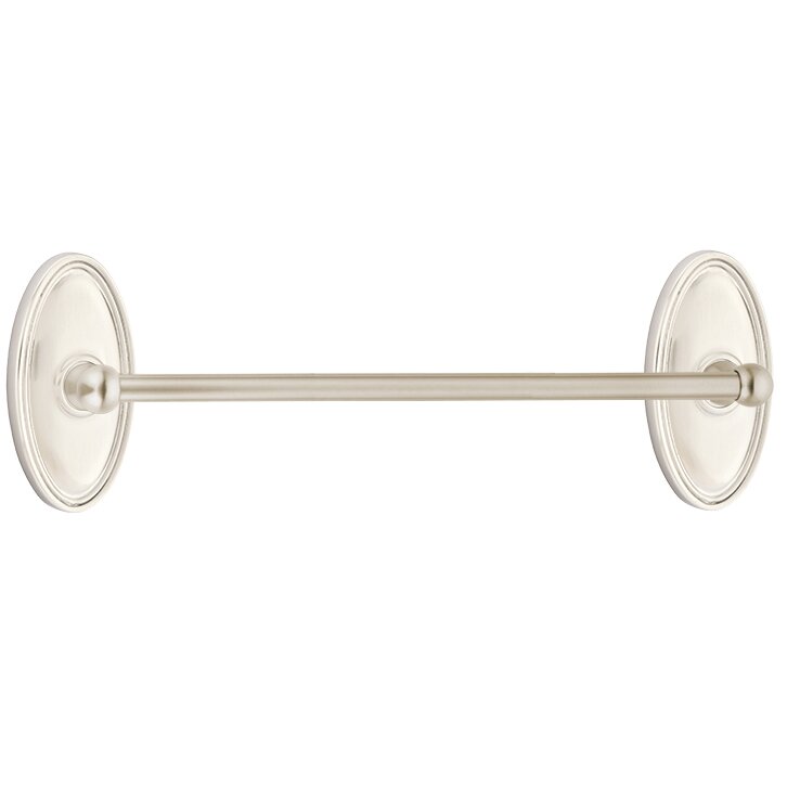 The Emtek Traditional Brass Towel Bar with Oval Rosette in Satin Nickel finish.