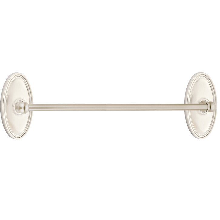 The Emtek Traditional Brass Towel Bar with Oval Rosette in Satin Nickel finish.