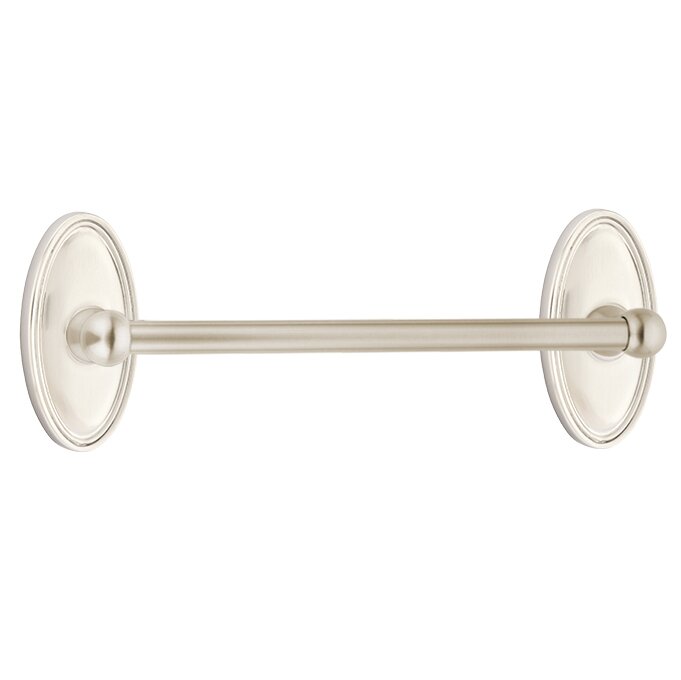 The Emtek Traditional Brass Towel Bar with Oval Rosette in Satin Nickel finish.