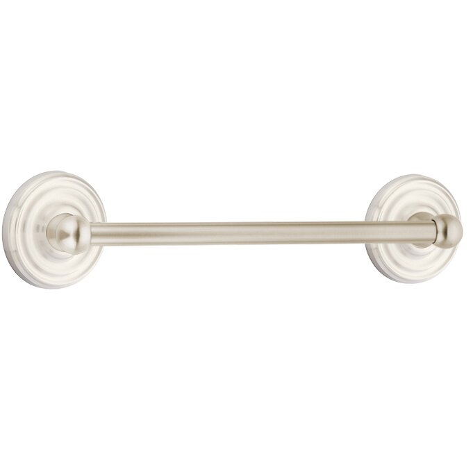 The Emtek Traditional Brass Towel Bar with Regular Rosette in Satin Nickel finish.