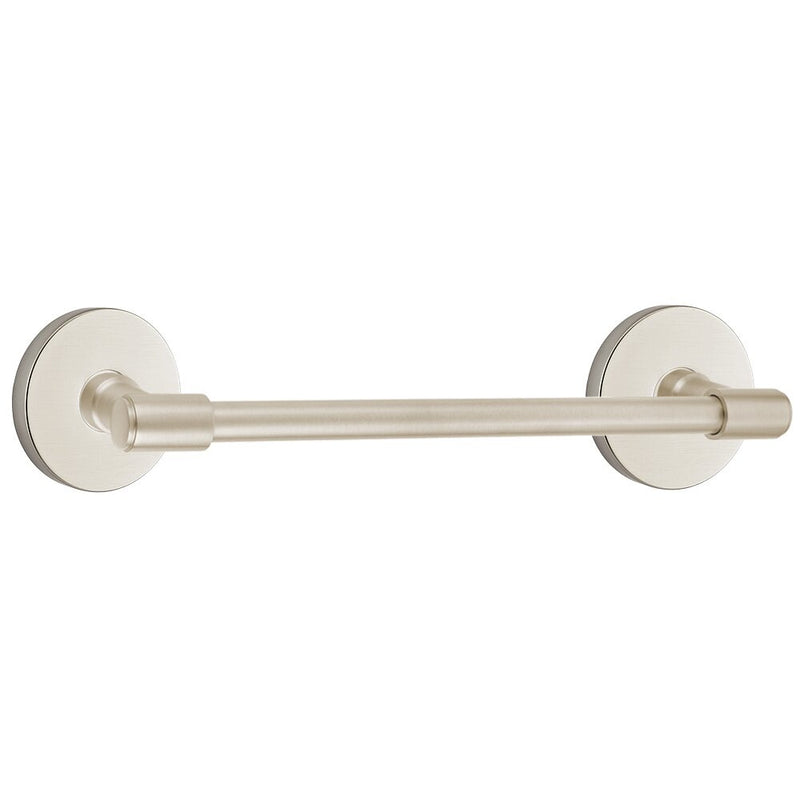 The Emtek Transitional Brass Towel Bar with Disk Rosette in Satin Nickel finish.