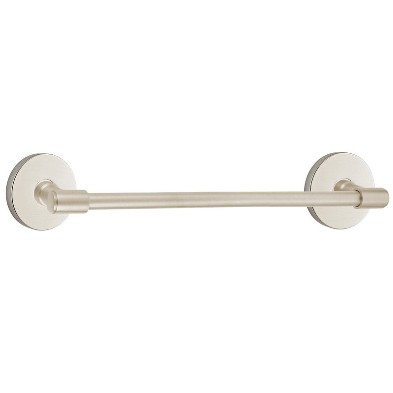 The Emtek Transitional Brass Towel Bar with Disk Rosette in Satin Nickel finish.