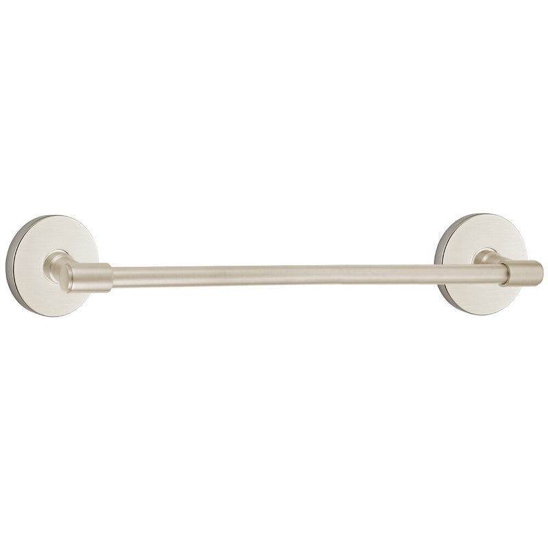 The Emtek Transitional Brass Towel Bar with Disk Rosette in Satin Nickel finish.