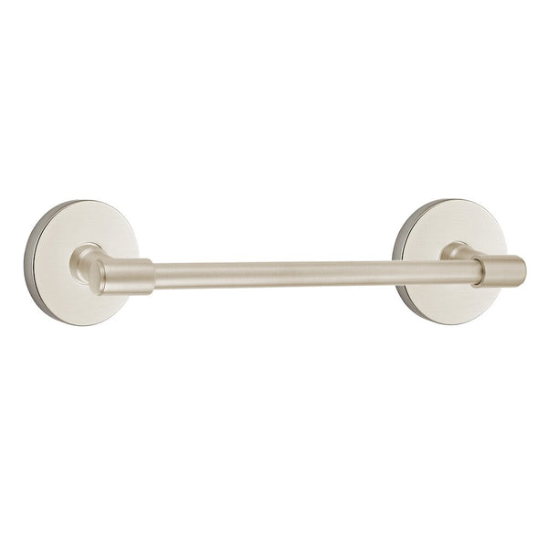 The Emtek Transitional Brass Towel Bar with Disk Rosette in Satin Nickel finish.