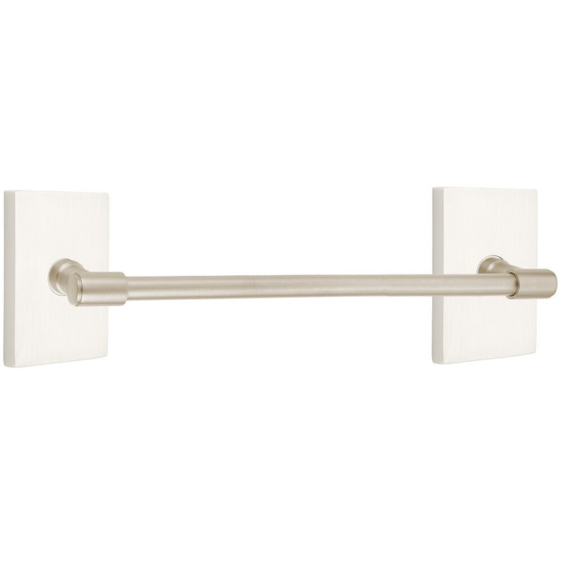 The Emtek Transitional Brass Towel Bar with Modern Rectangular Rosette in Satin Nickel finish.