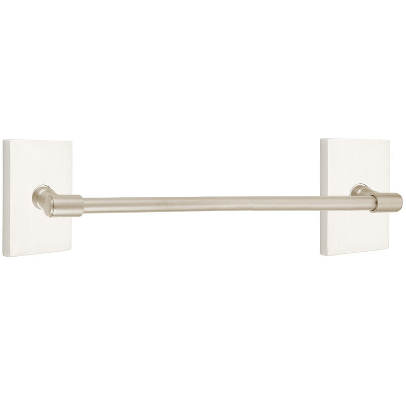 The Emtek Transitional Brass Towel Bar with Modern Rectangular Rosette in Satin Nickel finish.