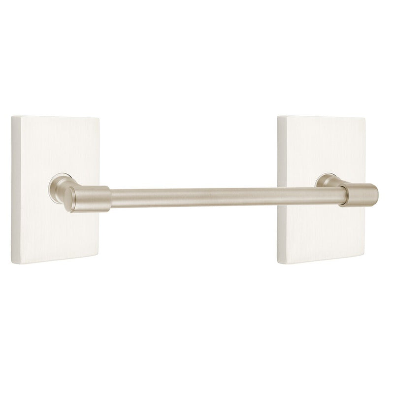 The Emtek Transitional Brass Towel Bar with Modern Rectangular Rosette in Satin Nickel finish.