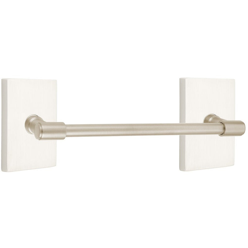 The Emtek Transitional Brass Towel Bar with Modern Rectangular Rosette in Satin Nickel finish.