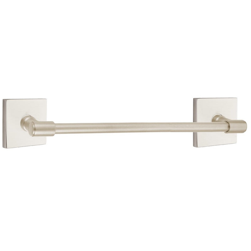 The Emtek Transitional Brass Towel Bar with Square Rosette in Satin Nickel finish.