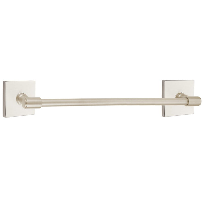 The Emtek Transitional Brass Towel Bar with Square Rosette in Satin Nickel finish.