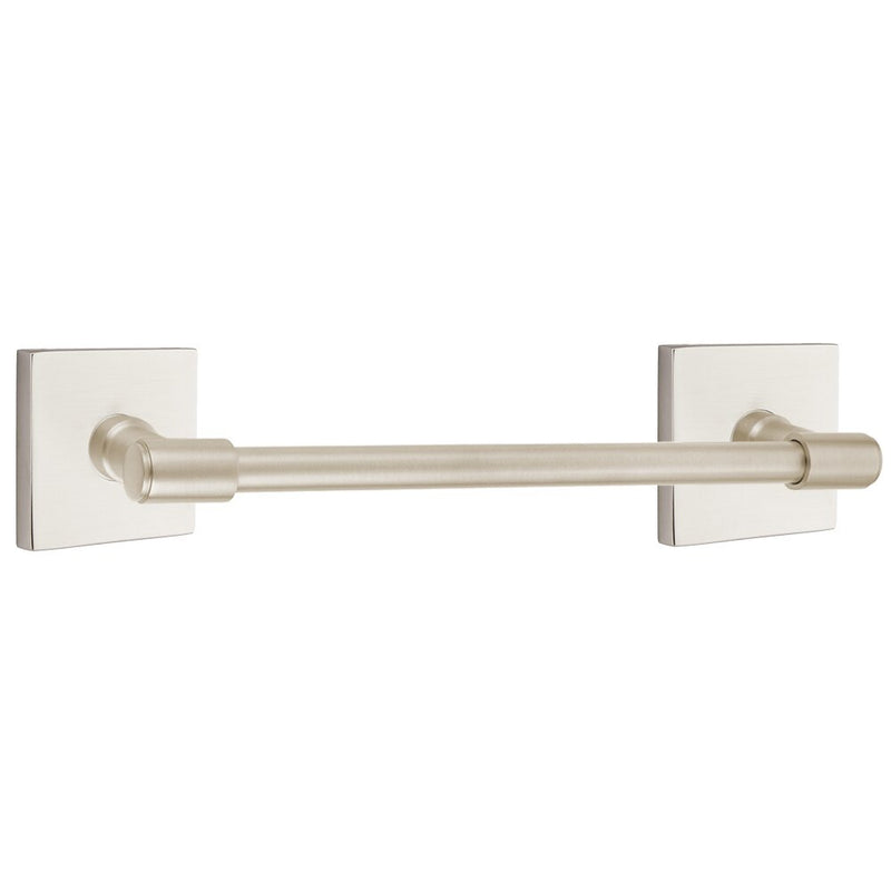 The Emtek Transitional Brass Towel Bar with Square Rosette in Satin Nickel finish.