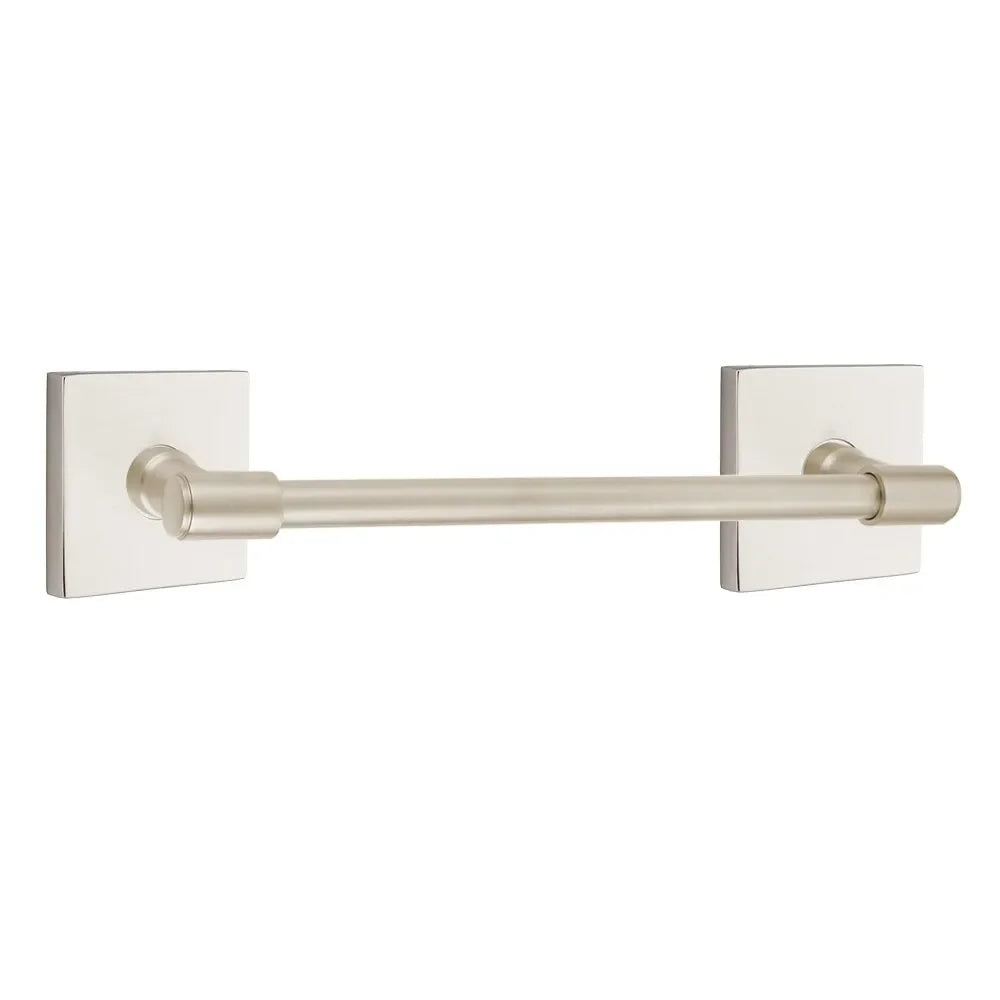 The Emtek Transitional Brass Towel Bar with Square Rosette in Satin Nickel finish.