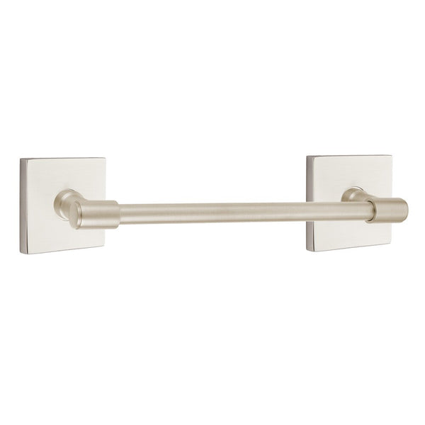 The Emtek Transitional Brass Towel Bar with Square Rosette in Satin Nickel finish.