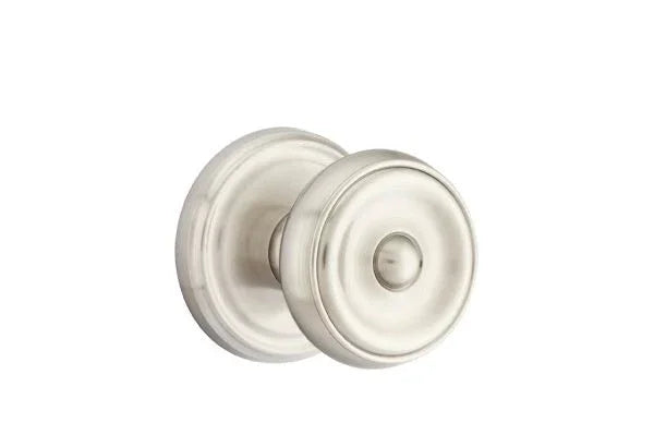 The Emtek Waverly Knob with Regular Rosette in Satin Nickel finish.