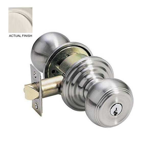 The Emtek Waverly Knob with Regular Rosette in Satin Nickel finish.