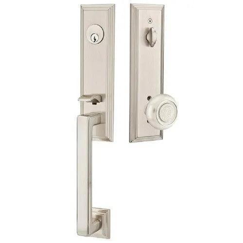 Emtek Wilshire Tubular Entrance Handleset With Belmont Knob in Satin Nickel finish