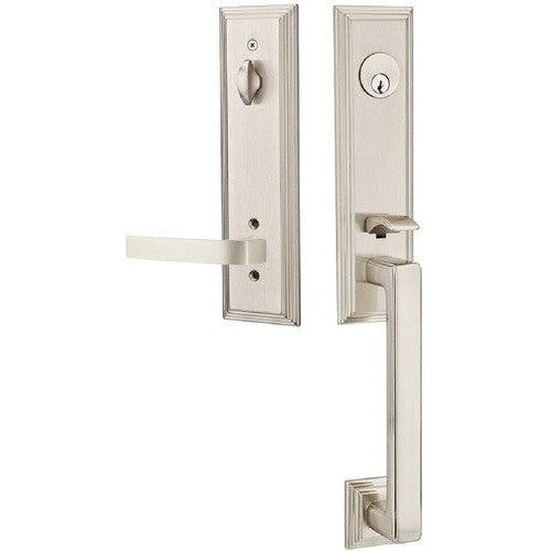 Emtek Wilshire Tubular Entrance Handleset With Breslin Lever in Satin Nickel finish