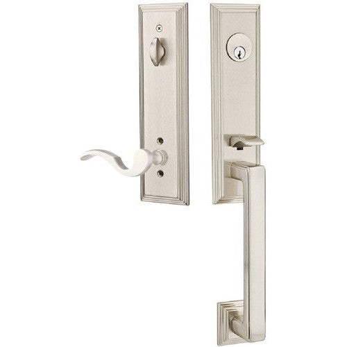 Emtek Wilshire Tubular Entrance Handleset With Cortina Lever in Satin Nickel finish