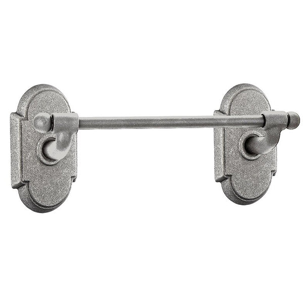 The Emtek Wrought Steel Towel Bar with #1 Rosette in Satin Steel finish.