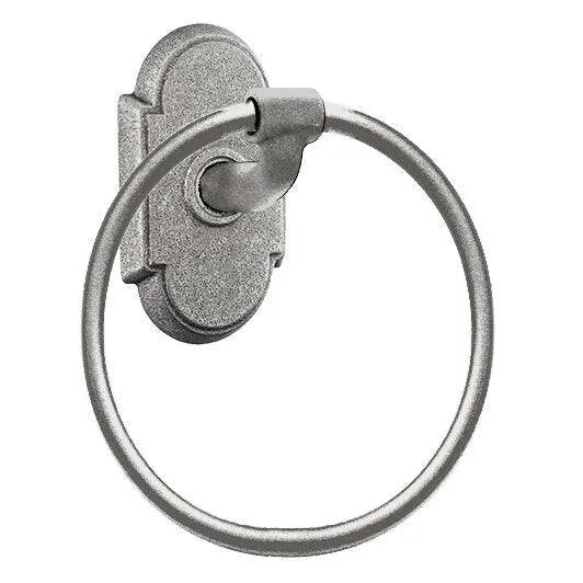 The Emtek Wrought Steel Towel Ring With #1 Rosette in Satin Steel finish.