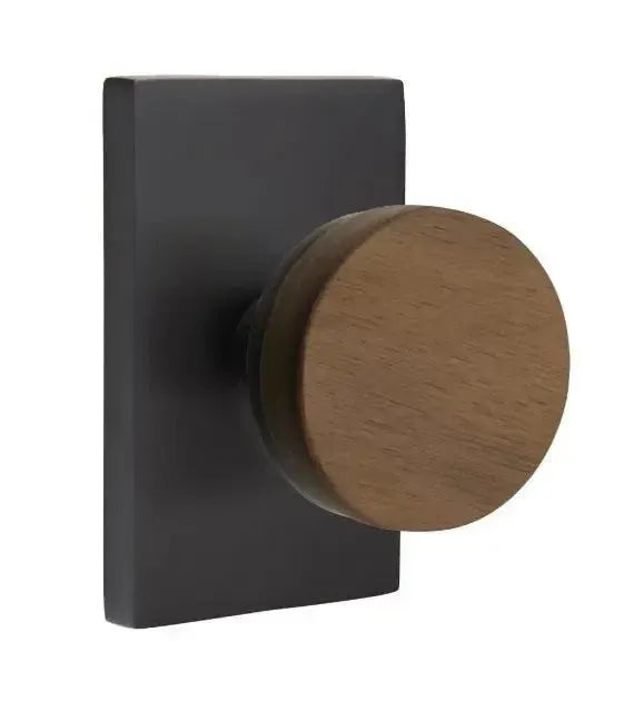 Emtek Select Conical Dark Walnut Knob with Modern Rectangular Rosette in Flat Black finish
