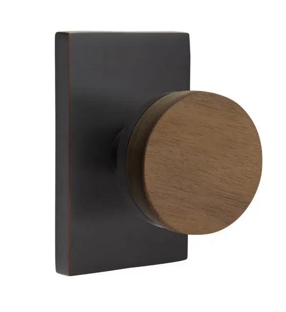 Emtek Select Conical Dark Walnut Knob with Modern Rectangular Rosette Oil Rubbed Bronze