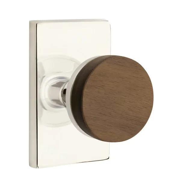 Emtek Select Conical Dark Walnut Knob with Modern Rectangular Rosette Polished Nickel