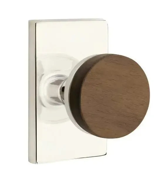 Emtek Select Conical Dark Walnut Knob with Modern Rectangular Rosette in Polished Nickel finish
