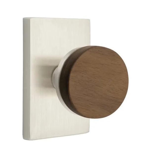 Emtek Select Conical Dark Walnut Knob with Modern Rectangular Rosette Satin Nickel