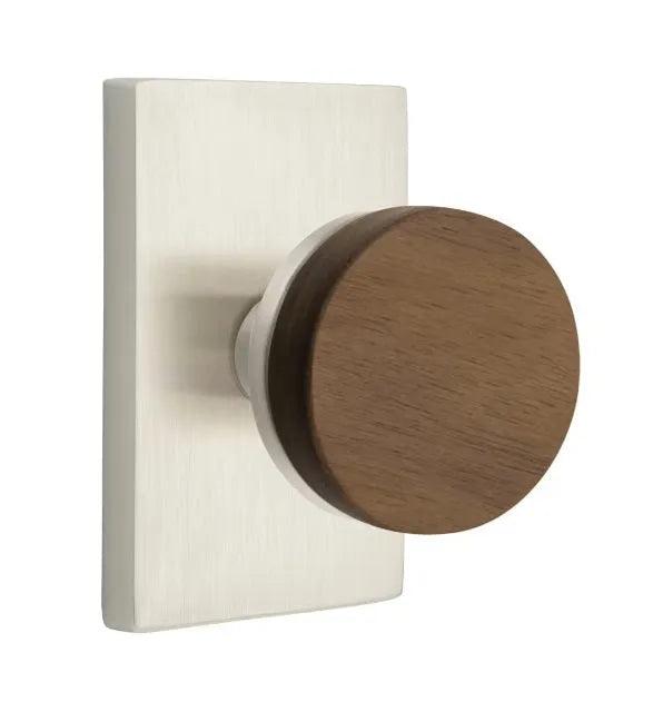 Emtek Select Conical Dark Walnut Knob with Modern Rectangular Rosette Satin Nickel