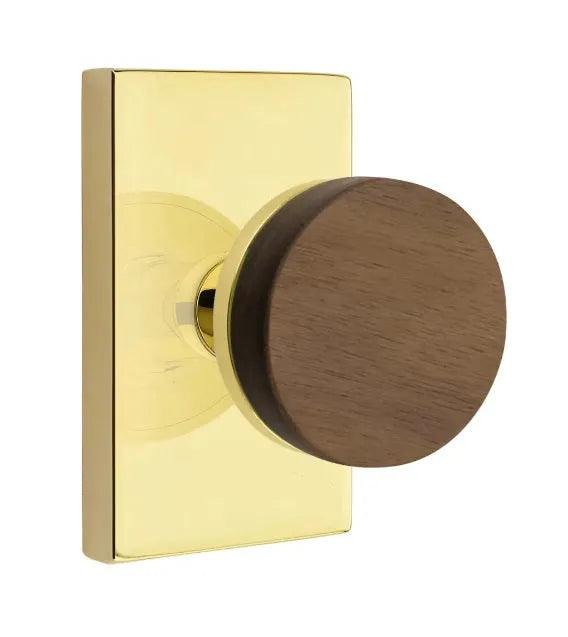 Emtek Select Conical Dark Walnut Knob with Modern Rectangular Rosette Unlacquered Brass