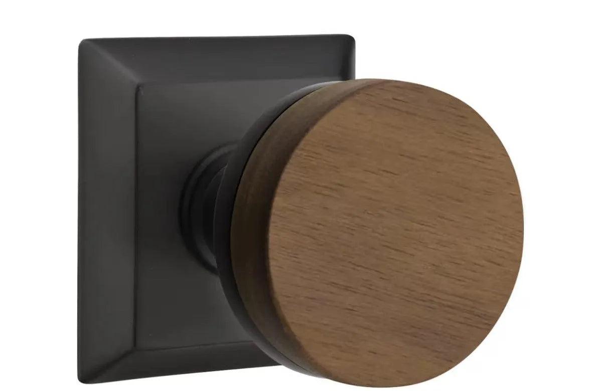 Emtek Select Conical Dark Walnut Knob with Quincy Rosette Flat Black