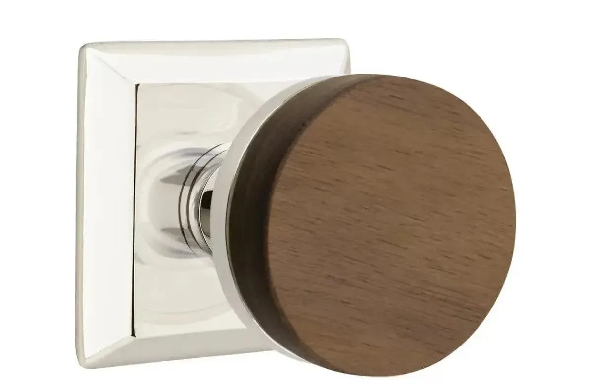 Emtek Select Conical Dark Walnut Knob with Quincy Rosette in Polished Nickel finish