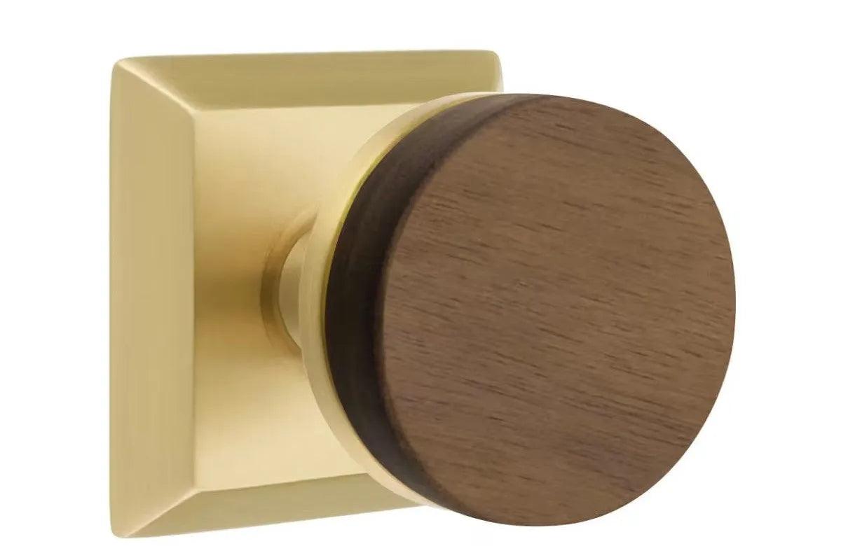 Emtek Select Conical Dark Walnut Knob with Quincy Rosette Satin Brass