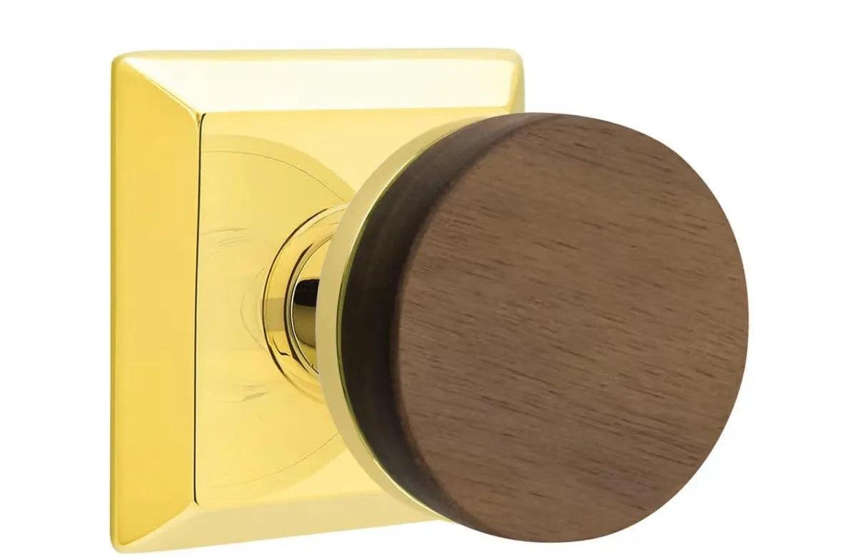 Emtek Select Conical Dark Walnut Knob with Quincy Rosette Unlacquered Brass