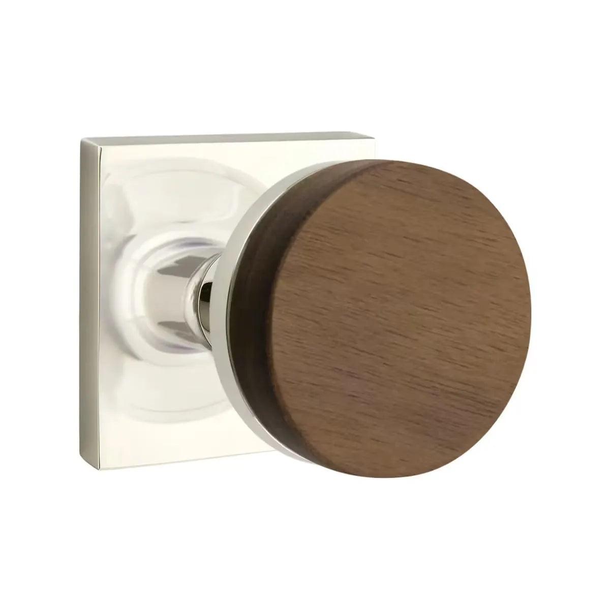 Emtek Select Conical Dark Walnut Knob with Square Rosette Polished Nickel